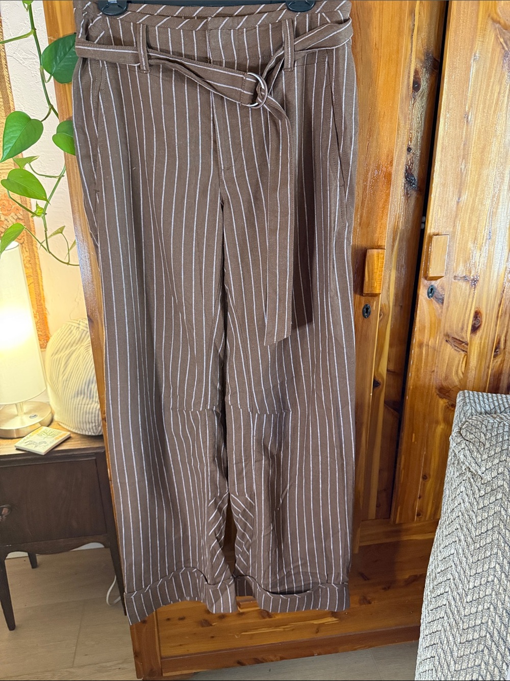 Free People Brown Pinstripe Wide-Leg Women’s Pants with Belt